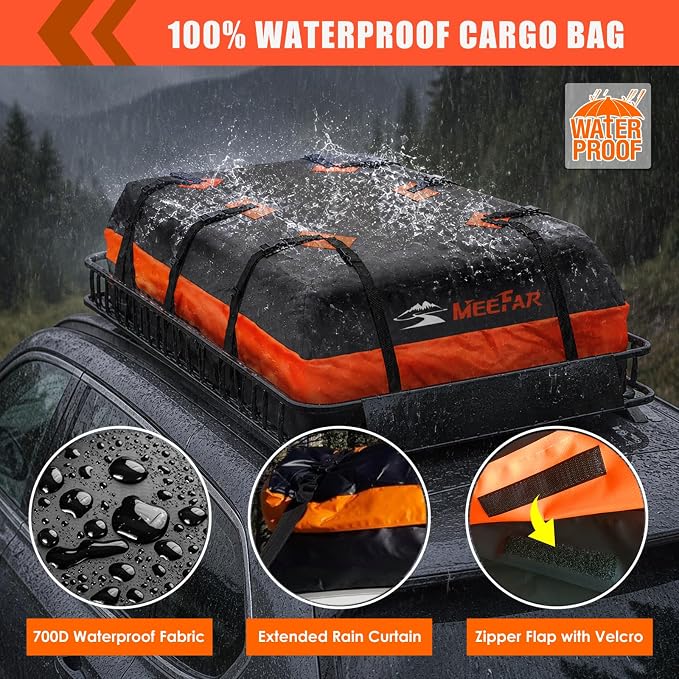 Roof Rack Cargo Carrier Basket 65"*39"*6"+Waterproof Bag 20 Cubic Feet(51"*40"*17"),and Cargo Net with Attachment Hooks,Ratchet Straps.200 Lbs Capacity,Universal Rooftop Large Size Roof Rack Update