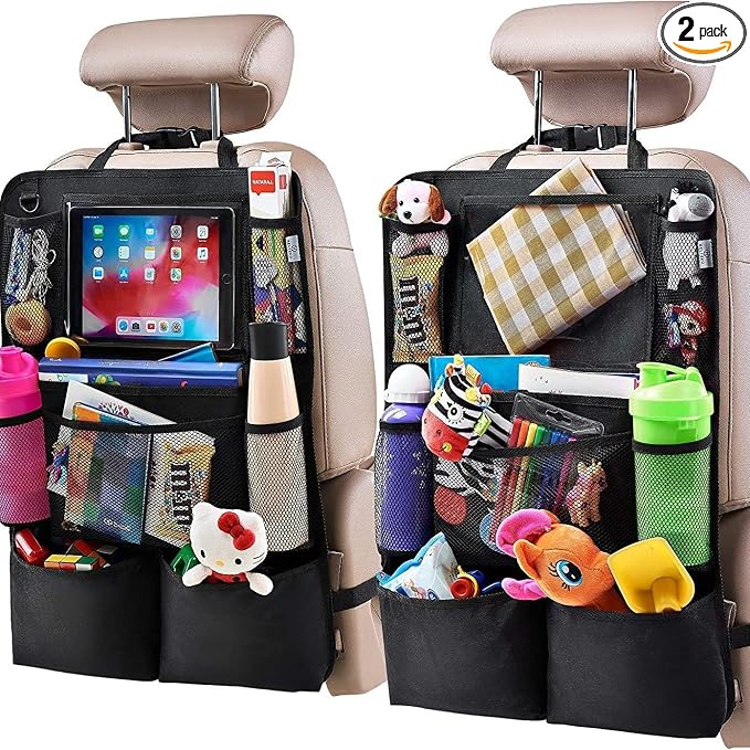 LILTOM Car Back Seat Protector with Organizer, 19"x27" XL Kick Mats, Waterproof, 3 Pockets, 2-Pack (Black - 8 Pocket)