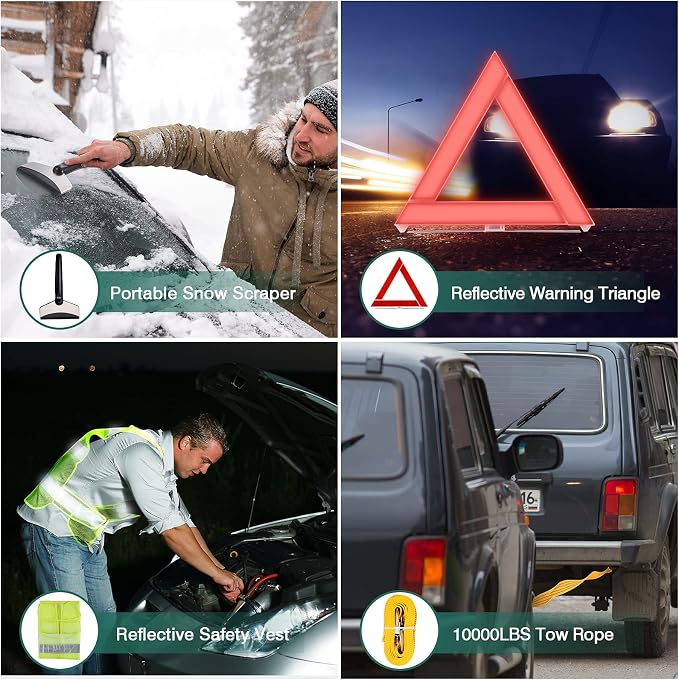 Car Roadside Emergency Kit, Auto Vehicle Safety Emergency Road Side Assistance Kits Essentials, with Jumper Cables, Safety Hammer, Reflective Warning Triangle