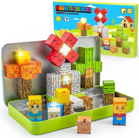 Aywewii Magnetic Blocks 45 PCS Travel Toys for Kids Ages 3-5, Toddler Magnetic Building Cubes STEM Learning Set with Iron Case - Portable Building Toys Gift for Boys and Girls (Farm Edition 1)