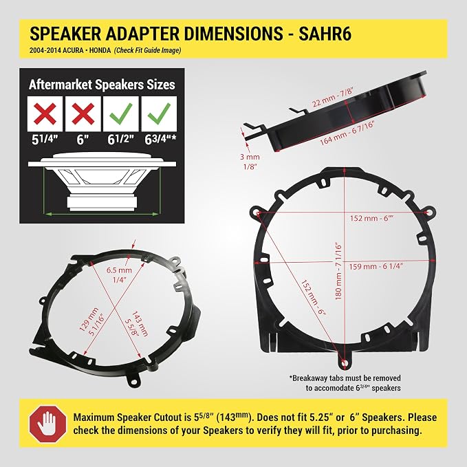 Scosche SAHR6 6.5-6.75” Speaker Adapters Compatible with Select 2004-14 Acura and Honda Vehicles - 6 1/2" to 6 3/4" Adapter Spacer for Car Door Speakers - Sold in Pairs - See Images for Vehicle List