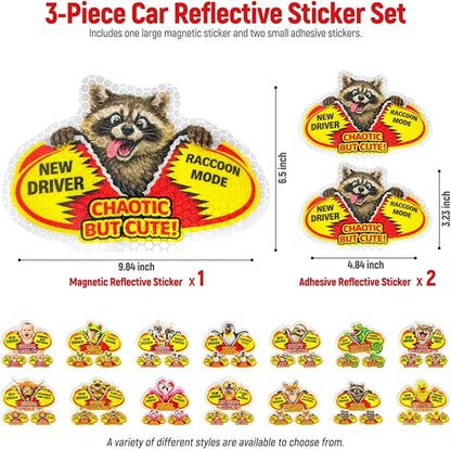3 Pcs Reflective Student Driver Magnet and Stickers Set - Funny Animal New Driver Safety Signs for Car, Waterproof & Weatherproof High Visibility Vehicle Bumper Decals, Magnet + Stickers (Raccoon)
