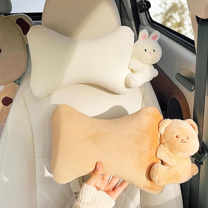 Car Headrest Pillow 2PCS Plush Bear ＆ Bunny Car Seat Headrest Pillow - Memory Foam Neck Support Cushions for Comfortable Driving, Easy Install & Washable (Bear+Rabbit)