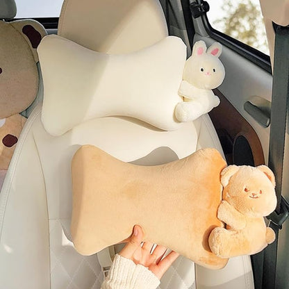 Car Headrest Pillow 2PCS Plush Bear ＆ Bunny Car Seat Headrest Pillow - Memory Foam Neck Support Cushions for Comfortable Driving, Easy Install & Washable (Bear+Rabbit)