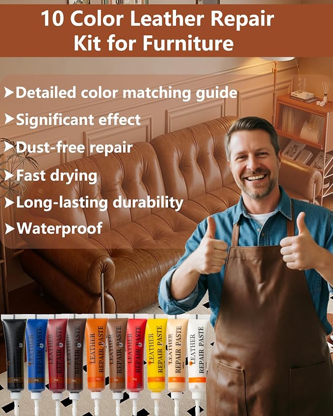 Leather Repair Kit for Furniture - 10 Color Vinyl Repair Kit for Sofa/Jacket/Car Seats/Purse/Shoes/Couch - Fix Scratches/Tears/Holes/Peeling on Bonded/Pleather/Genuine