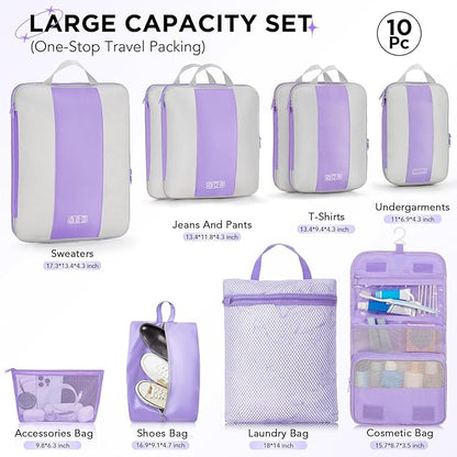 OlarHike 10-Pack Compression Packing Cubes for Travel Essentials,Compressible Expandable Packing Cubes for Suitcase,Luggage Garment Bags for Travel,Handy Helper for Organizing Clothes(Light Purple)