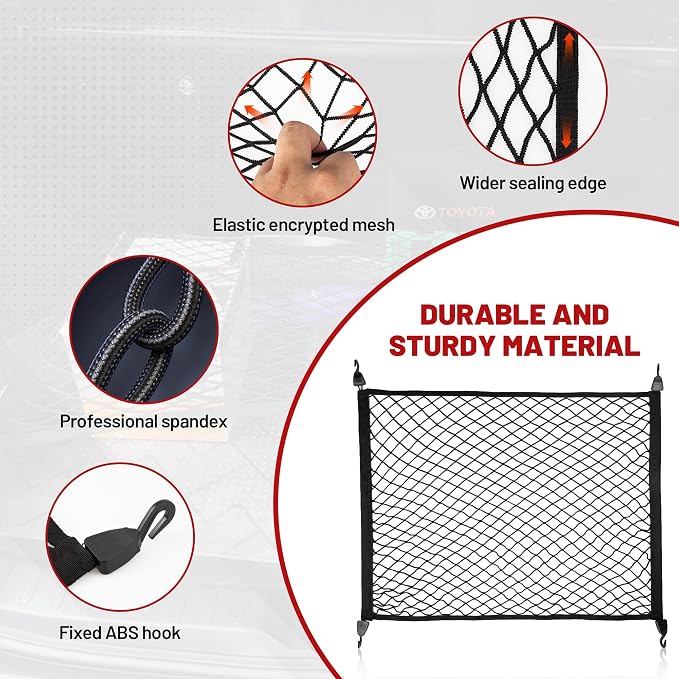 RED WOLF Elastic Cargo Net for SUV Rear Trunk Bed Netting Cover Net Stretchable Mesh Organizer 32" x 24" Stretch to 63"x43" with Fixing Hooks D-Rings Luggage Cover