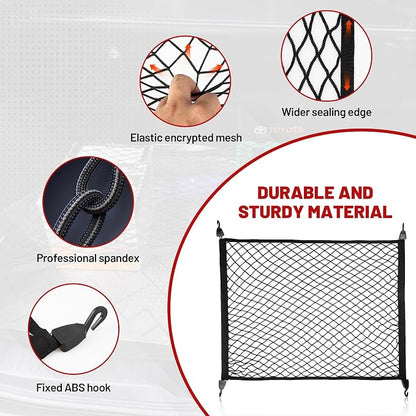 RED WOLF Elastic Cargo Net for SUV Rear Trunk Bed Netting Cover Net Stretchable Mesh Organizer 32" x 24" Stretch to 63"x43" with Fixing Hooks D-Rings Luggage Cover