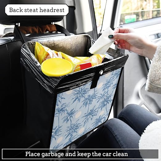 Car Trash Can Organizer Bin with Adjustable Strap for Back Front Seat Console Waterproof Leakproof Collapsible Portable 8.66 Inch Light Blue Palm Trees and Sun