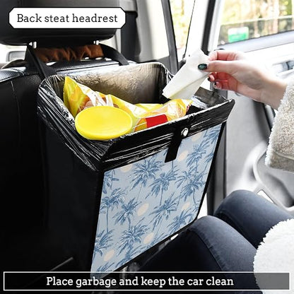 Car Trash Can Organizer Bin with Adjustable Strap for Back Front Seat Console Waterproof Leakproof Collapsible Portable 8.66 Inch Light Blue Palm Trees and Sun