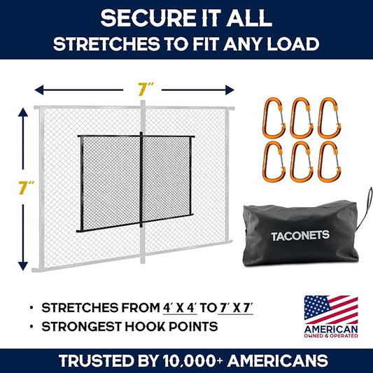 TacoNets Upgraded Highly Elastic Cargo Net, USA Company, Simple Truck Bed Cargo Mesh Organizer, Suitable for Light Loads, Heavy Duty Carabiners, 4'x4'