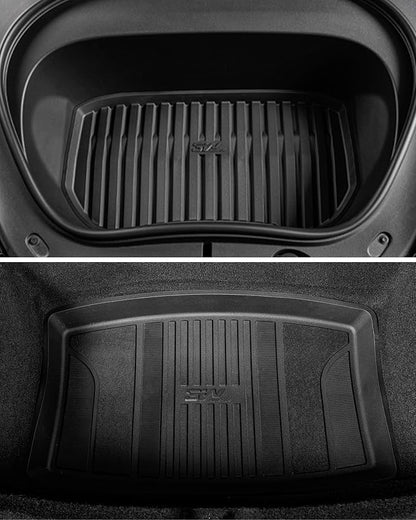 3W Tesla Model 3 Floor Mats 2026 2025 2024 with Metal Pedal, Full Set with Seatback Protector, Highland All Weather Custom Fit Rear Trunk Mat Accessories Black