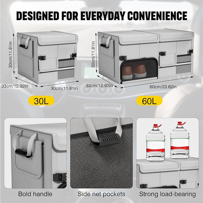 Foldable Car Trunk Organizer with Multi-Compartment – Expandable 30-60L Storage Bin, Side Mesh Pockets, Waterproof 600D Oxford Cloth, Car Accessories for SUV/Truck/Sedan, Grey, 23.6"x13.0"x11.8"