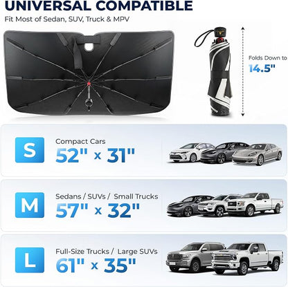 DMJN Umbrella Windshield Sun Shade - Medium, Car Sunshade for Front Windshield [Nano Ice-Crystal Coatings] UPF50+ Heat & UV Block, Protect Interior & Keep Cooler Universal for Car, SUV, Truck
