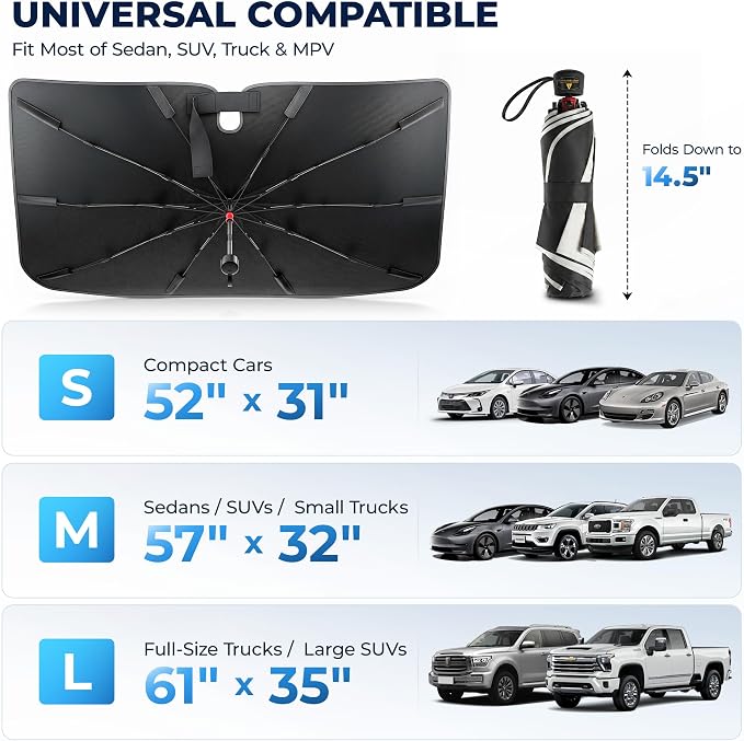 DMJN Umbrella Windshield Sun Shade - Small, Car Sunshade for Front Windshield [Nano Ice-Crystal Coatings] UPF50+ Heat & UV Block, Protect Interior & Keep Cooler Universal for Car, SUV, Truck