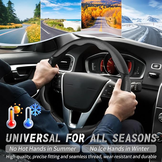 WOCOCN 3pcs Car Steering Wheel Cover,Anti-Skid Carbon Fiber Steering Wheel Protector for Men Women,Multiple Color Options,Universal for Most Car Interiors Accessories (Black 3PCS)