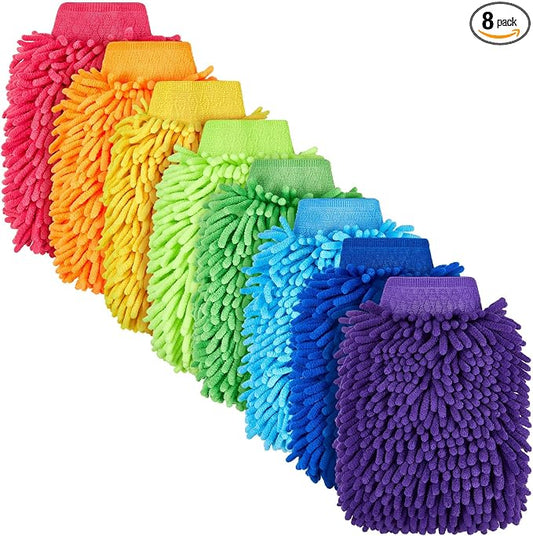 Toulite 8 Pcs Car Wash Mitt Chenille Microfiber Wash Mitt Double Sided Glove Cleaning Drying Mitts (7.48 x 10.24 Inch,Bright Colors)