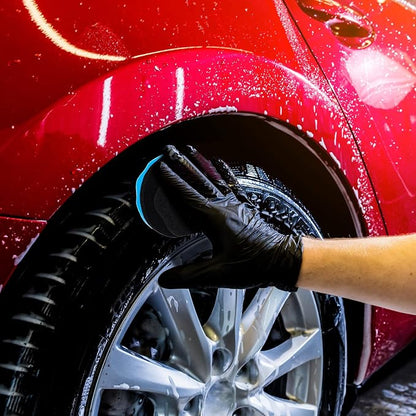 BBTO 6 Pcs Tire Hex Grip Dressing Applicator Washable Tire Shine Applicator Dressing Pad Car Detailing Foam Sponge Reusable Tire Cleaner Sponge for No Slip Tire (Black, Red, Blue, 4.33 Inch Diameter)