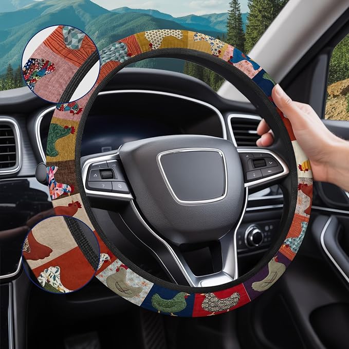 GENANY Chicken Farm Steering Wheel Cover, Non Slip Polyester Car Wheel Protector for Car SUV Truck, Universal 15 Inch
