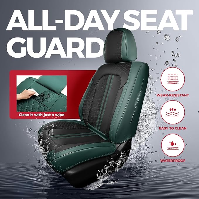 FREESOO Leather Car Seat Covers Full Set, Green Black Waterproof Seat Covers for Cars Trucks SUV, Luxury Front Car Seat Covers and Back Seats, Carseat Protector Car Seat Cover Fit for Most Vehicles