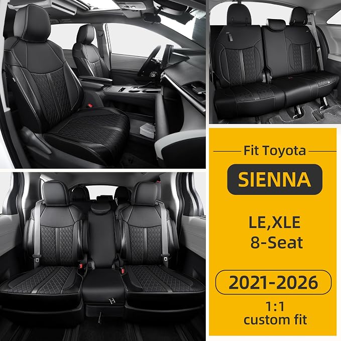 Custom Fit Sienna Seat Covers for 2021-2026 Toyota Sienna LE XLE 8-Seat, Waterproof Faux Leather Full Set Airbag Compatible 3-Row Car Seat Protectors (Black)