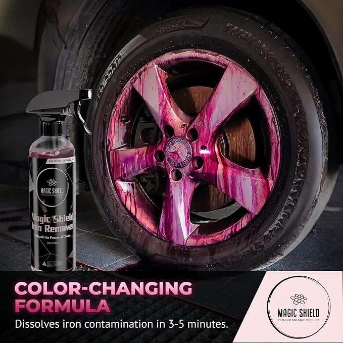 Magic Shield Iron Remover Spray for Cars 16oz - pH-Neutral Iron and Fallout Remover for Car, Motorcycle, RV & Boat | 5-Minute Reaction, Effective on Wheels & Paint | All-In-One Solution