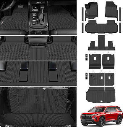 Floor Mats &Trunk Mat for 2024 2025 2026 Chevy/Chevrolet Traverse 7 Seats with 2nd & 3rd Row Backrest Mat All Weather TPE Rubber Cargo Liner Door Sill Guards for Chevy Traverse 2026 Accessories