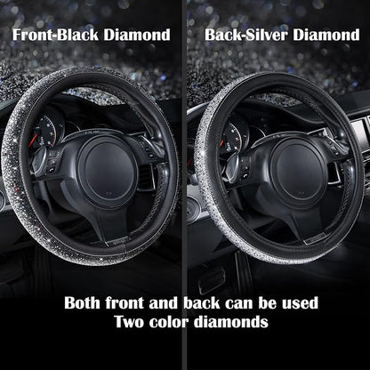 CAR PASS Bling Diamond Leather Steering Wheel Cover, Bling Sparkly Crystal Glitter Rhinestones Universal Fit 14" 1/2-15" Car Wheel Protector for Women Girl Fit Suvs,Vans,Sedans,Trucks, Black Silver