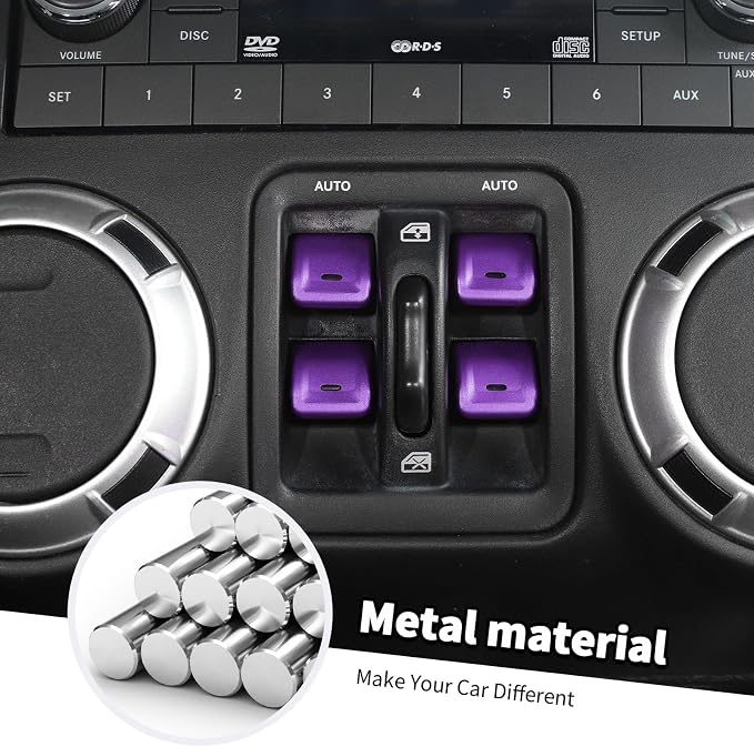 Jimen for JK Window Button Covers, 4PCS Center Console Window Switch Cover Interior Trim Kits Compatible with Jeep Wrangler JK & Unlimited 2012-2018, Aluminum Alloy (Purple)