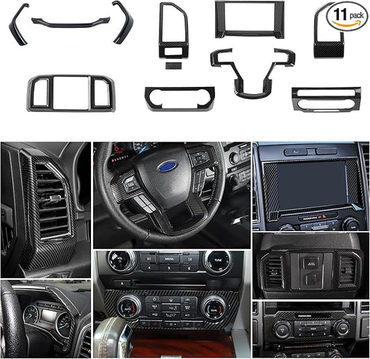 JeCar 11PCS Interior Decoration Trim Kit for Ford F150 2015-2020 Steering Wheel & Center Console Trim Dashboard & Rear Air Conditioner Vent Cover (Carbon Fiber Grain)