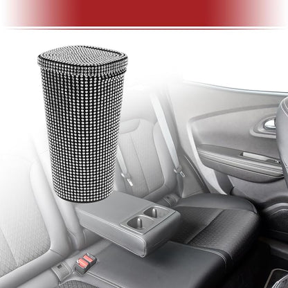 ACROPIX Car Trash Can Trash Bin Rhinestones Portable 3.5" Length 3.5" Width 6.3" Height White Rhinestone Plastic
