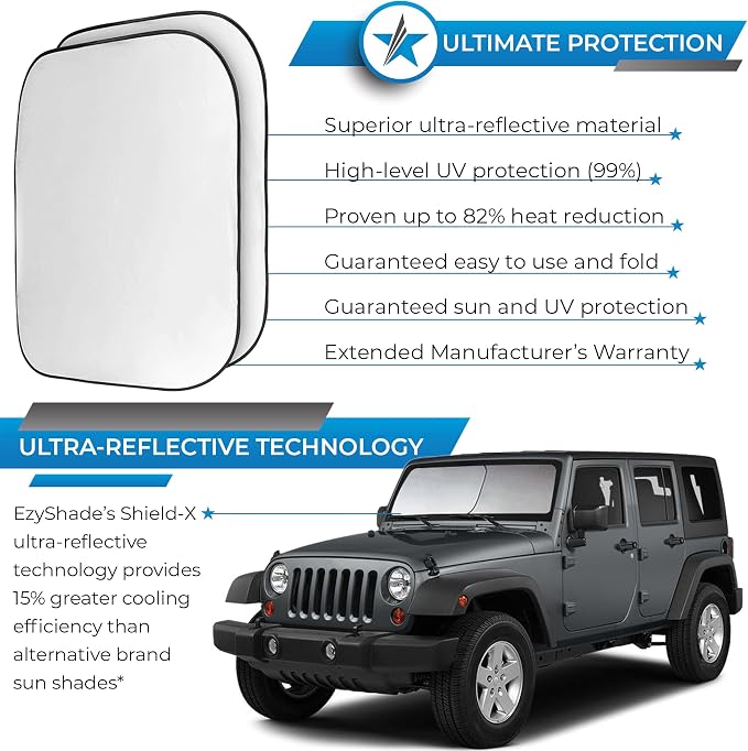 EzyShade Windshield Sun Shade for Jeep Wrangler 1986-2017 with Shield-X Reflective Technology. Foldable 2-Piece Car Sunshade for Jeep Wrangler, Gladiator, Renegade, FJ Cruiser, Bronco. X-Small Size