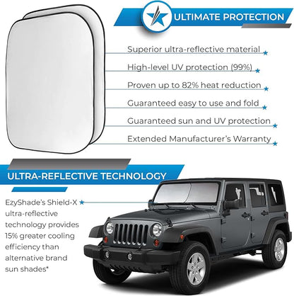 EzyShade Windshield Sun Shade for Jeep Wrangler 1986-2017 with Shield-X Reflective Technology. Foldable 2-Piece Car Sunshade for Jeep Wrangler, Gladiator, Renegade, FJ Cruiser, Bronco. X-Small Size