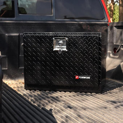 FORWODE 24x17x18 Inch Underbody Truck Tool Box Aluminum Trailer Tool Box with Lock & Foldable T-Handle Waterproof Truck Storage Box for Pickup Truck, Trailer, RV, ATV, Indoor（BLACK）