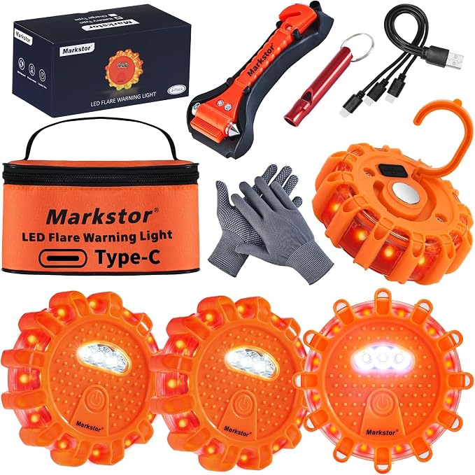 Led Road Flares 4 Pack LED Flares Emergency Kit, USB Recharge Amber LED Flares Warning Light with Magnetic, Roadside Safety Disc Flares Kit with Breaker,Whistle for Vehicle (4 Pack Parts)