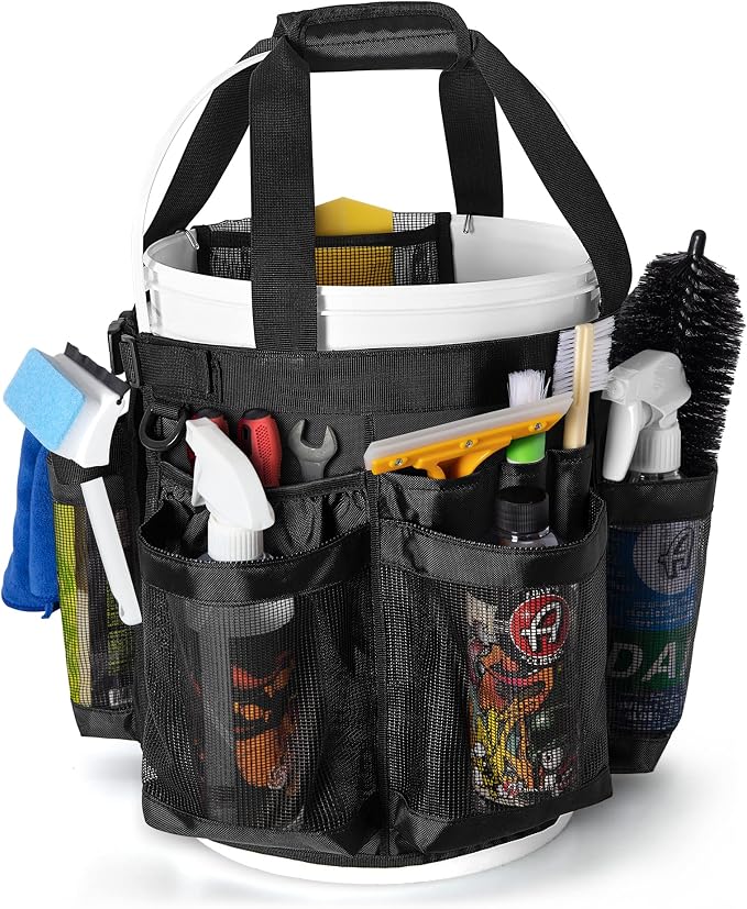 HODRANT 5 Gallon Bucket Organizer with Anti-fall Hooks & Buckle, Car Wash Bucket Caddy with Mesh Pockets, 5 Gallon Cleaning Tools Bag for Home, Auto, Garden & Fishing