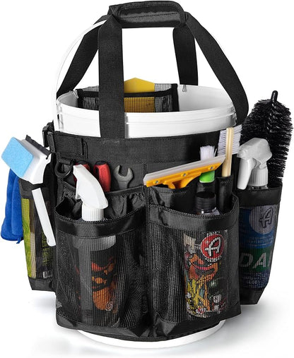 HODRANT 5 Gallon Bucket Organizer with Anti-fall Hooks & Buckle, Car Wash Bucket Caddy with Mesh Pockets, 5 Gallon Cleaning Tools Bag for Home, Auto, Garden & Fishing