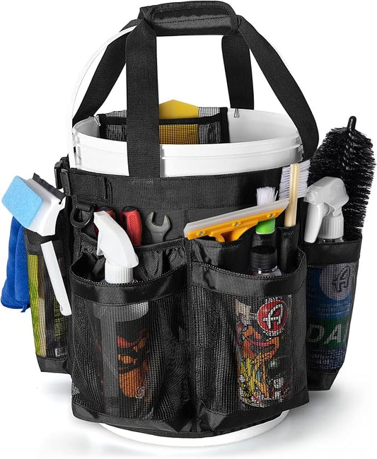 HODRANT 5 Gallon Bucket Organizer with Anti-fall Hooks & Buckle, Car Wash Bucket Caddy with Mesh Pockets, 5 Gallon Cleaning Tools Bag for Home, Auto, Garden & Fishing