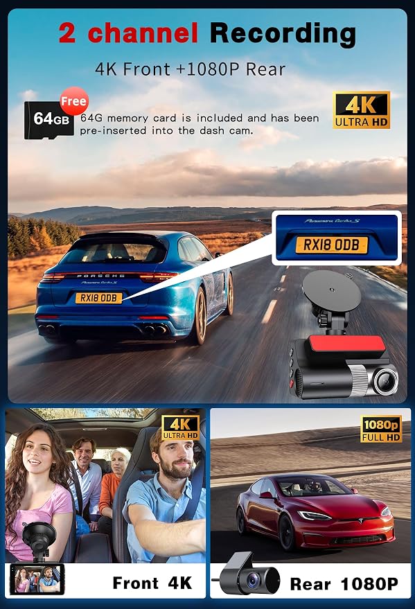 4K Dash Cam Front and Rear, G-Sensor, Free 64GB Card Included, 5.8GHz WiFi with Dash Camera for Cars, Time-Lapse Recording, 3" HD IPS, 24H Parking Mode,Night Vision