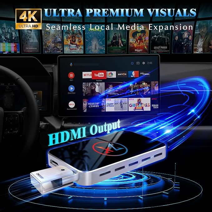 Wireless CarPlay Adapter for iPhone, 3 in 1 AI Box Surpports with OEM Wired to Wireless Apple CarPlay, Android Auto and Streaming Netflix/YouTube/TikTok, Plug and Play, Stable Connection, HDMI Output