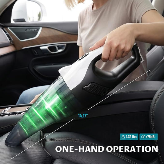 Handheld Vacuum Cordless, 6000Pa Strong Suction for Car Seats & Pet Hair, with USB and 5 m Car Charger, Portable with LED Light for Home Office, Lightweight