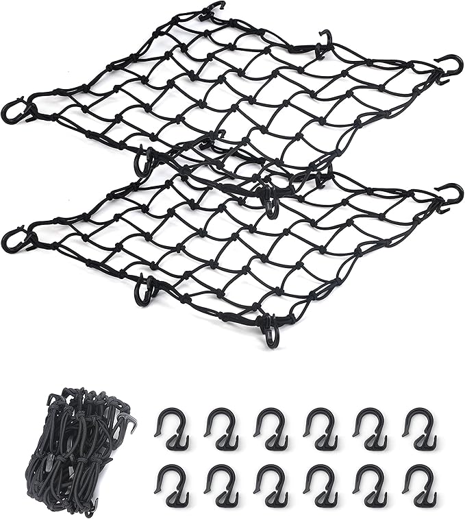 2 Pack Black Cargo Nets, Heavy Duty Latex 17"X17" Bungee Net Stretches to 34"x34", Gear Helmet Luggage Net with Tight 2.3"x2.3" Mesh & 12 Adjustable Plastic Hooks for Motorcycle, Bike, ATV