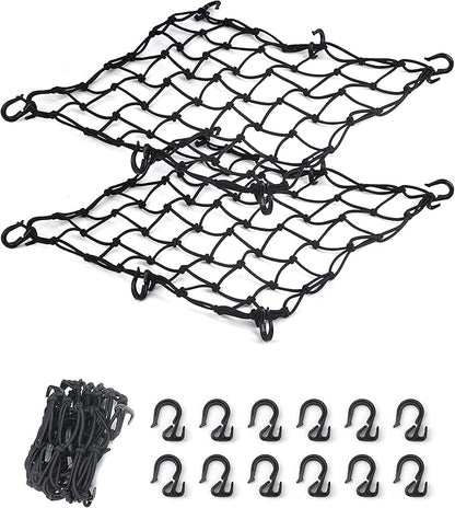 2 Pack Black Cargo Nets, Heavy Duty Latex 17"X17" Bungee Net Stretches to 34"x34", Gear Helmet Luggage Net with Tight 2.3"x2.3" Mesh & 12 Adjustable Plastic Hooks for Motorcycle, Bike, ATV