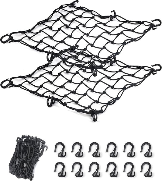 2 Pack Black Cargo Nets, Heavy Duty Latex 17"X17" Bungee Net Stretches to 34"x34", Gear Helmet Luggage Net with Tight 2.3"x2.3" Mesh & 12 Adjustable Plastic Hooks for Motorcycle, Bike, ATV