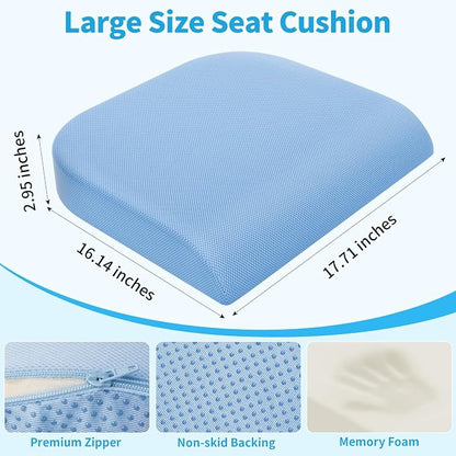 TranquilRelax Large Seat Cushion, Memory Foam Cushion for Long Sitting Hours on Office Chair, Home & Car, Non-Slip Chair Pad for Relieving Back & Sciatica & Hip & Coccyx Pain (Light Blue)