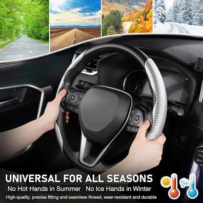 Cartist Steering Wheel Cover, Carbon Fiber Steering Wheel Cover Men/Women, Anti-Slip, Heat Resistant, Durable, Universal for 99% Car Interior Accessories (Silver)