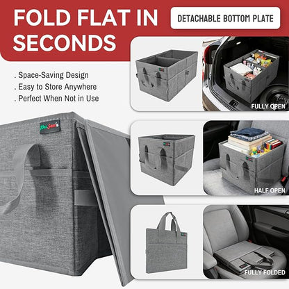 PAT SAM'S Car Trunk Organizer for SUV, Foldable Collapsible Storage Organizer with Dividers, Non-Slip Waterproof 600D Oxford, Backseat & Trunk Storage for Groceries, Tools, Toys (Gray)
