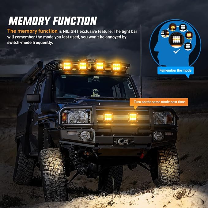 Nilight 2PCS 42W Light Bar 3Inch Cube Pod Light Amber White Strobe 6 Modes Memory Function, Ideal for Fog & Snow Conditions, Off-Road Truck Car ATV Jeep Boat with 16AWG Wiring Harness Kit-2 Leads