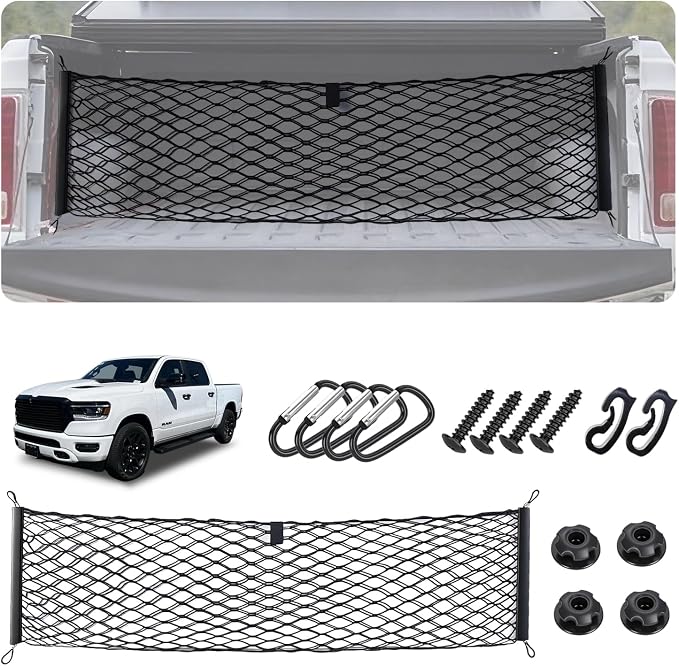 Envelope Style Truck Bed Cargo Net for Dodge Ram 1500 2019-2026 Accessories, Rear Trunk Mesh Cargo Net, Upgraded 5mm Bungee & Double-layer Nylon Storage Tailgate Netting Grocery&Tools Holder Organizer