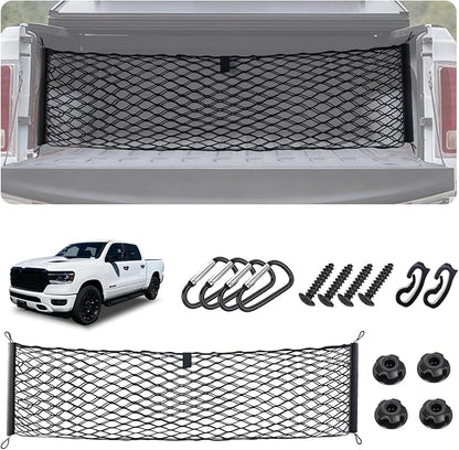Envelope Style Truck Bed Cargo Net for Dodge Ram 1500 2019-2026 Accessories, Rear Trunk Mesh Cargo Net, Upgraded 5mm Bungee & Double-layer Nylon Storage Tailgate Netting Grocery&Tools Holder Organizer